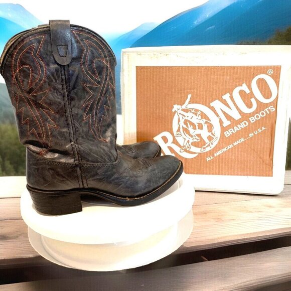 VTG Bronco Cowboy Boots Kids 2.5D Gray Conch Vegan Leather Western Cowboy USA - Picture 1 of 16